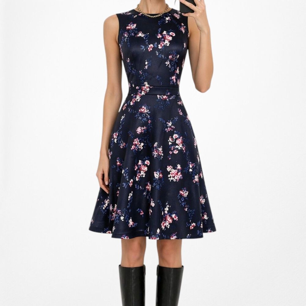 Vintage Y2K Blue Sleeveless Floral Print Knit Flared Knee Length Dress Size M